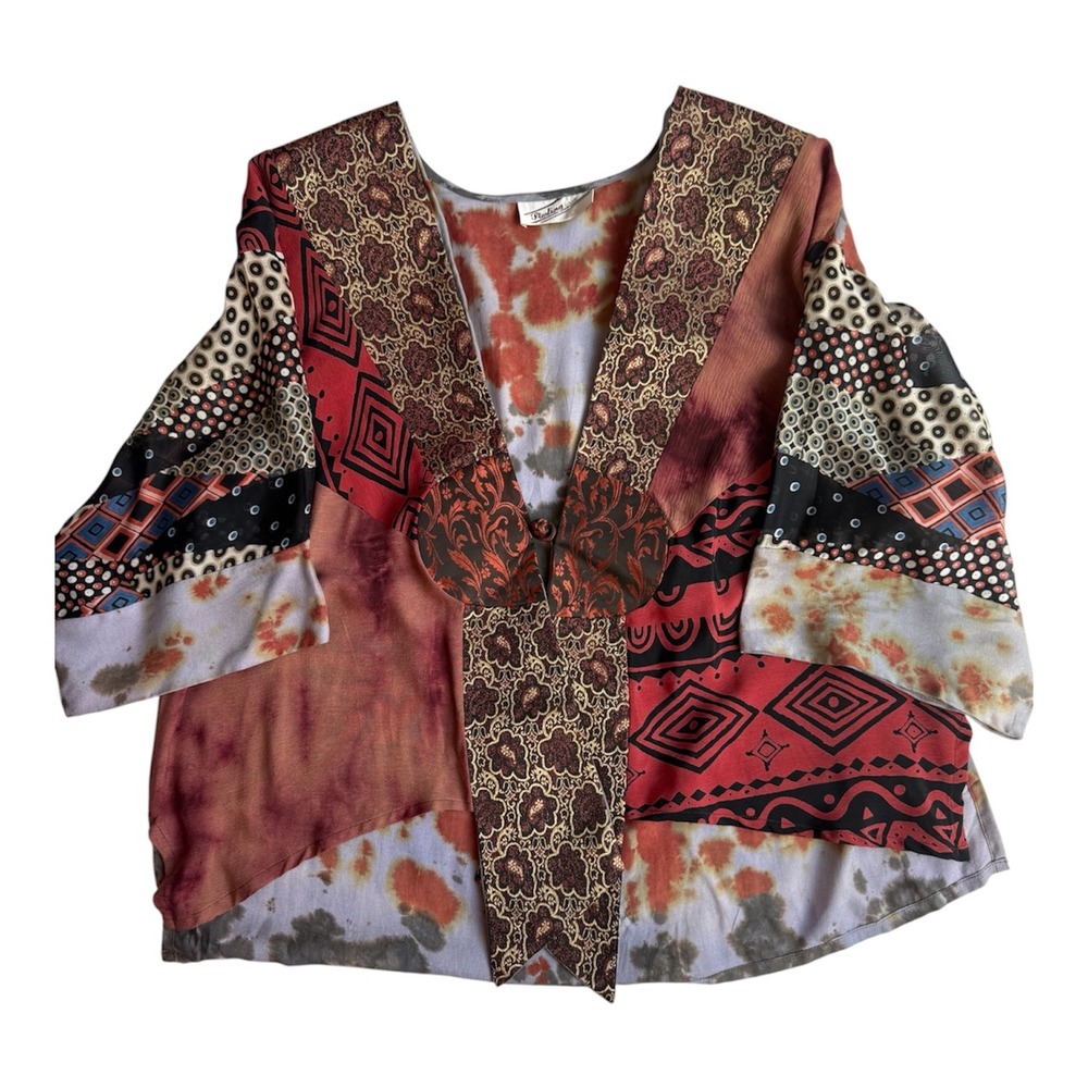 Vintage Sterling Styles Art To Wear Blouse Rayon Patchwork Top OS Boho